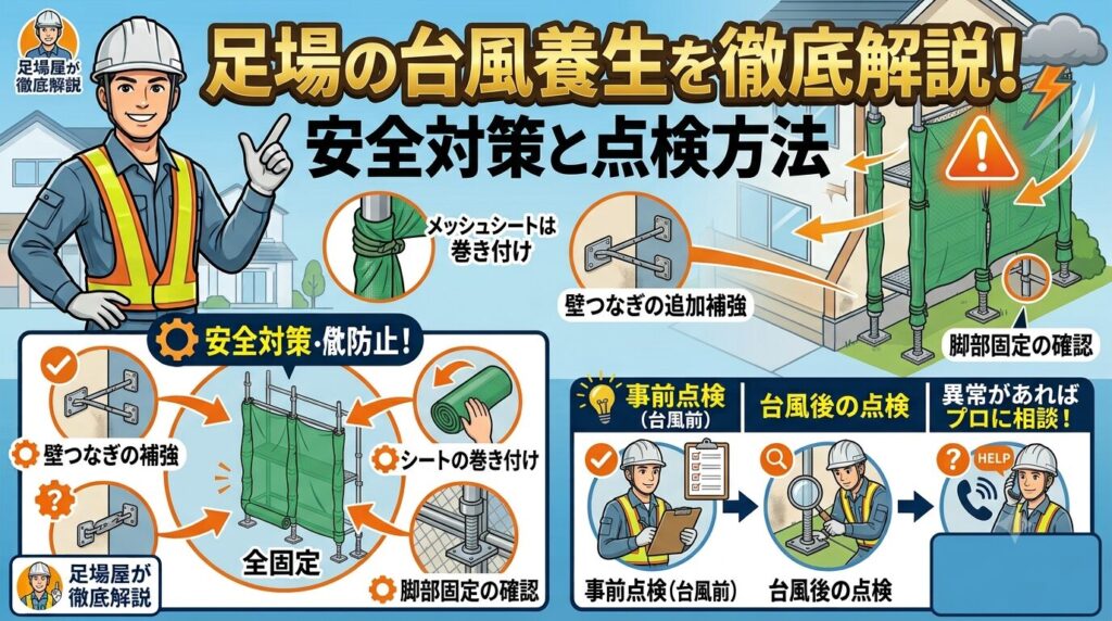 足場の台風養生を徹底解説!安全対策と点検方法をわかりやすく画像にしています