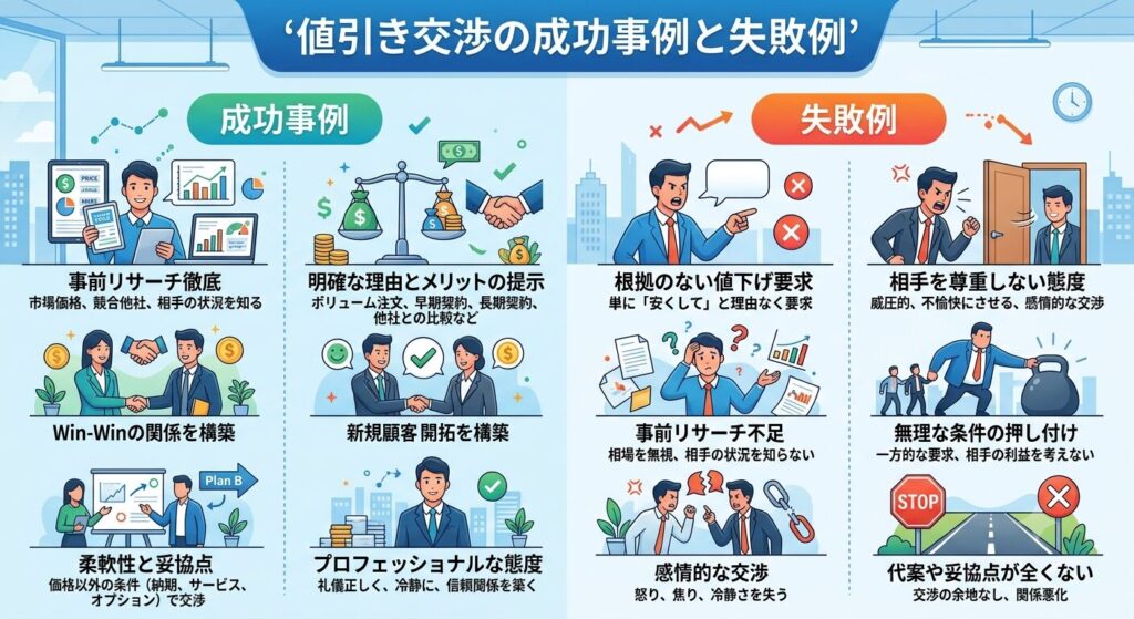 値引き交渉の成功事例と失敗例をわかりやすく解説している画像