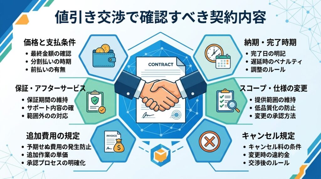 値引き交渉で確認すべき契約内容を詳しく説明してる画像