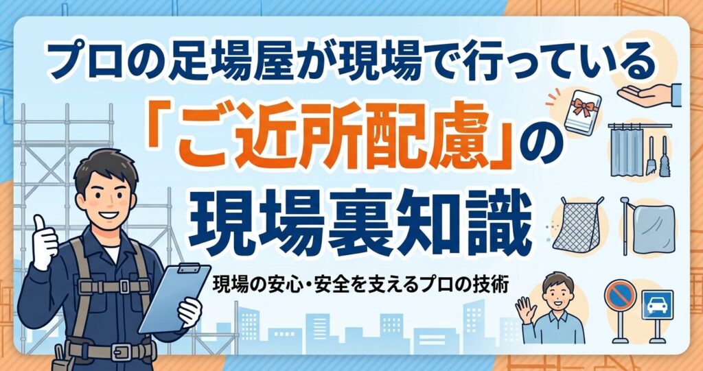 プロの足場屋によるご近所配慮を解説するアイキャッチ画像。上部に「プロの足場屋が現場で行っている『ご近所配慮』の現場裏知識」の文字。左側に安全帯を着用しバインダーを持った笑顔の足場職人のイラスト、右側に近隣挨拶、現場清掃、飛散防止シート、交通配慮を示すアイコンが配置されている。