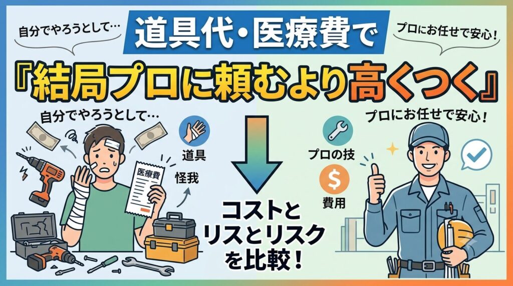DIY(自分で行うこと)とプロ(専門業者)に依頼することのコストとリスクを比較するインフォグラフィック。 上部に「道具代・医療費で『結局プロに頼むより高くつく』」というテキストがあります。 中央には「コストとリスクを比較!」というテキストと下向き矢印があります。 左側はDIYの失敗例で、包帯を巻いた男性が戸惑っており、「自分でやろうとして…怪我」「道具代・医療費」「怪我」のテキストとアイコンがあります。散らばった工具や飛び散るお金も描かれています。 右側はプロへの依頼例で、笑顔のプロの男性が親指を立てており、「プロにお任せで安心!」「プロの技」「費用」のテキストとアイコンがあります。