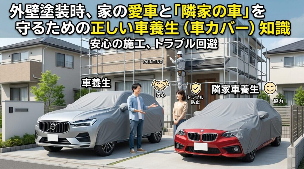 外壁塗装時に塗料が飛び散り隣の車や、自分の車に塗料が飛び散らないように車にカバーをかけている。