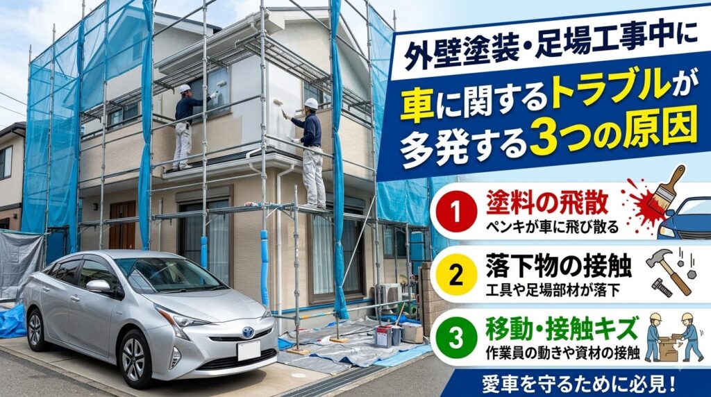 外壁塗装・足場工事中に車に関するトラブルが多発する3つの原因を解説するアイキャッチ画像。足場と飛散防止ネットが張られた住宅の駐車場に停められた銀色の乗用車と、「1. 塗料の飛散」「2. 落下物の接触」「3. 移動・接触キズ」の3つのトラブル原因がアイコン付きリストで描かれている。