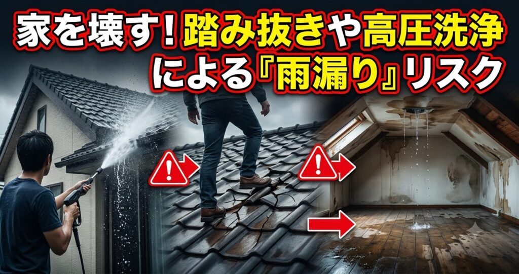 上部に「家を壊す!踏み抜きや高圧洗浄による『雨漏り』リスク」という赤と黄色の太文字テキストが配置された、3つのシーンで構成された警告画像。 左側には、男性が住宅の外壁に向かって高圧洗浄機を使用している様子。中央には、ジーンズを履いた男性が屋根瓦の上を歩き、瓦が割れている足元の様子。右側には、家の内部(屋根裏)で、天井から水が激しく漏れ、床に大きな水たまりができ、壁や天井に水濡れのシミが広がっている様子。 中央の瓦シーンと右側の雨漏りシーンには、赤い警告マーク(!マーク)と、高圧洗浄や踏み抜きの行為が雨漏りにつながることを示す赤い矢印が描かれている。