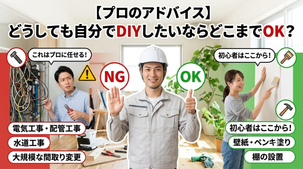 リフォーム現場を背景にした、DIYとプロ工事の境界線を示すアイキャッチ画像。上部に「【プロのアドバイス】どうしても自分でDIYしたいならどこまでOK?」のタイトル。中央には笑顔の工事関係者が立ち、左側の赤いエリアを「NG」、右側の緑のエリアを「OK」として示している。左側には困惑した男性と複雑な電気配線があり、「これはプロに任せる!」の吹き出しと、電気工事・配管工事、水道工事、大規模な間取り変更のリストがある。右側には笑顔で壁紙を貼る女性と、「初心者はここから!」の吹き出し、壁紙・ペンキ塗り、棚の設置のリストがある。ボルト、ハケ、金槌のアイコンや警告マークも配置されている。