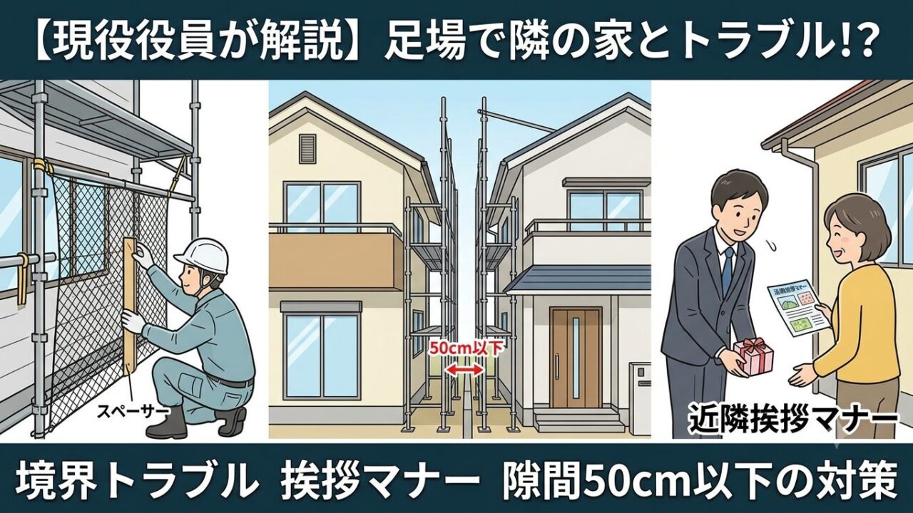 外壁塗装の足場設置で隣の家との境界トラブルや近隣挨拶について解説するアイキャッチ画像。「足場で隣の家とトラブル!?」という大きな文字と、「隙間50cm以下の対策・挨拶マナーを現役役員が解説」というサブキャッチ、隣接する住宅と足場のイラストが描かれている。