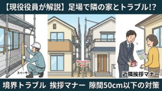 外壁塗装の足場設置で隣の家との境界トラブルや近隣挨拶について解説するアイキャッチ画像。「足場で隣の家とトラブル！？」という大きな文字と、「隙間50cm以下の対策・挨拶マナーを現役役員が解説」というサブキャッチ、隣接する住宅と足場のイラストが描かれている。