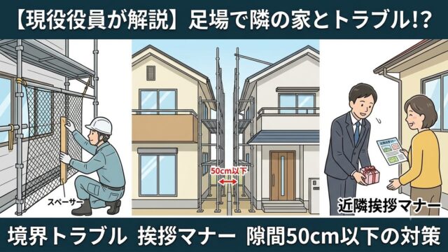 外壁塗装の足場設置で隣の家との境界トラブルや近隣挨拶について解説するアイキャッチ画像。「足場で隣の家とトラブル！？」という大きな文字と、「隙間50cm以下の対策・挨拶マナーを現役役員が解説」というサブキャッチ、隣接する住宅と足場のイラストが描かれている。