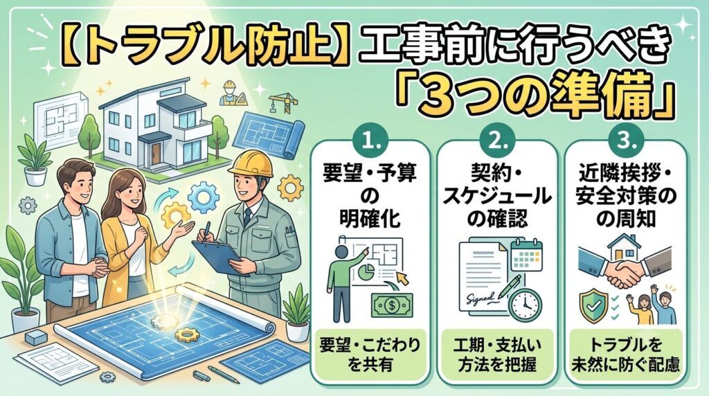 工事前のトラブル防止策を解説するインフォグラフィック画像。上部に「【トラブル防止】工事前に行うべき『3つの準備』」のタイトル。左側に図面を見ながら打合せをする施主夫妻と施工業者のイラスト、右側には「1. 要望・予算の明確化」「2. 契約・スケジュールの確認」「3. 近隣挨拶・安全対策の周知」の3つの重要ポイントがアイコンとリスト形式でまとめられている。