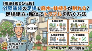 外壁足場で庭の植木や鉢植えの割れを防ぐ図解
