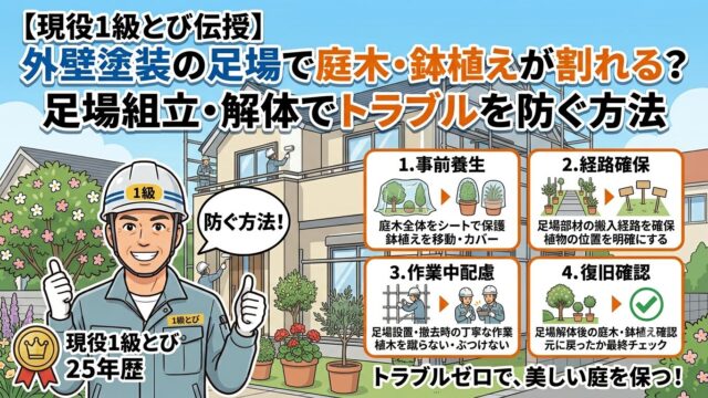 外壁足場で庭の植木や鉢植えの割れを防ぐ図解