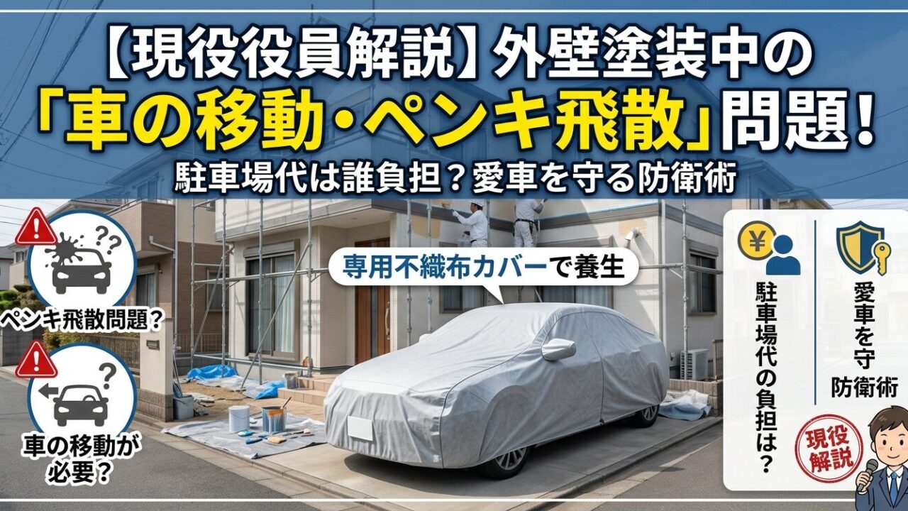 外壁塗装と足場工事中に不織布の専用カバーで養生された自動車