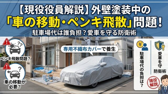 外壁塗装と足場工事中に不織布の専用カバーで養生された自動車