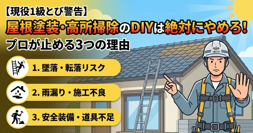 現役1級とび職人が住宅の屋根と梯子の前でストップのジェスチャーをし、屋根塗装・高所掃除のDIYをやめるよう警告するイラスト。プロが止める3つの理由として「1. 墜落・転落リスク」「2. 雨漏り・施工不良」「3. 安全装備・道具不足」がアイコン付きでリストアップされている。
