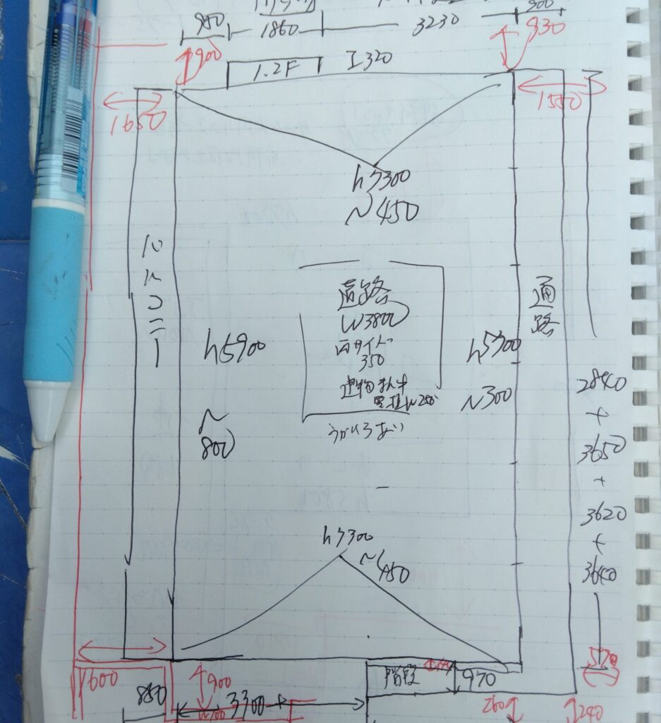 現場の手書き足場現場調査図面