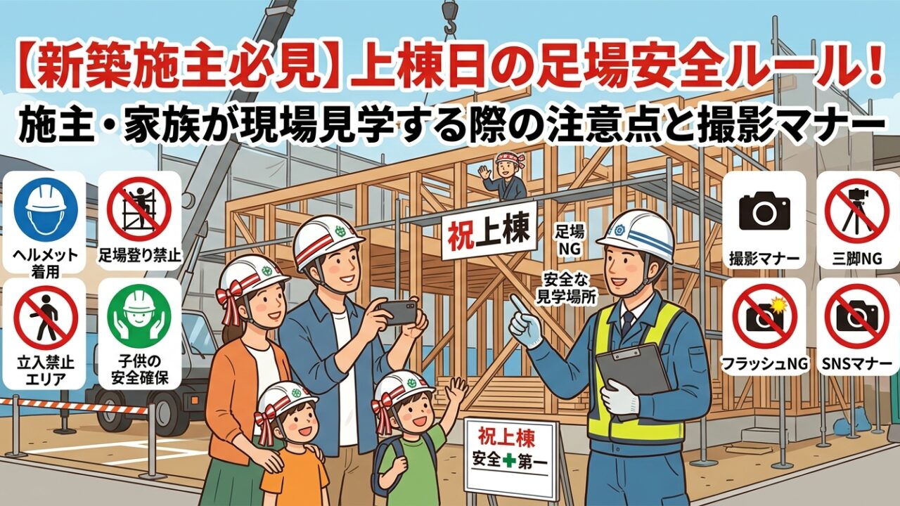 新築一戸建ての上棟日に建て方作業が行われている仮設足場の全景
