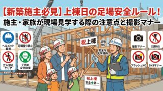 新築一戸建ての上棟日に建て方作業が行われている仮設足場の全景