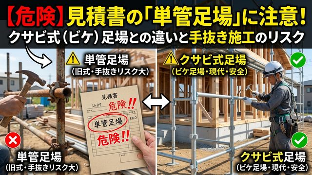 見積書の単管足場とクサビ式（ビケ）足場の違いを比較解説したアイキャッチ画像。左側はパイプをクランプで止めた単管足場、右側は支柱のコマにくさびを打ち込むクサビ式足場と作業中の職人を配置し、安全性と手抜き施工のリスクを対比表示。