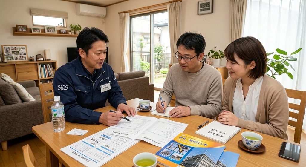足場の見積書を業者と夫婦で確認している